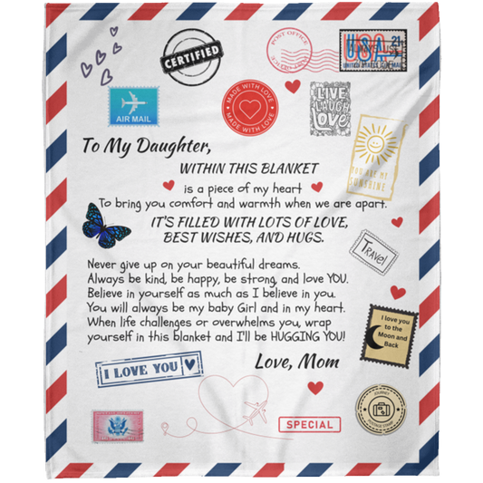 Postcard to Daughter Filled w/love, wishes, hugs from Mom - Arctic Fleece Blanket 50x60