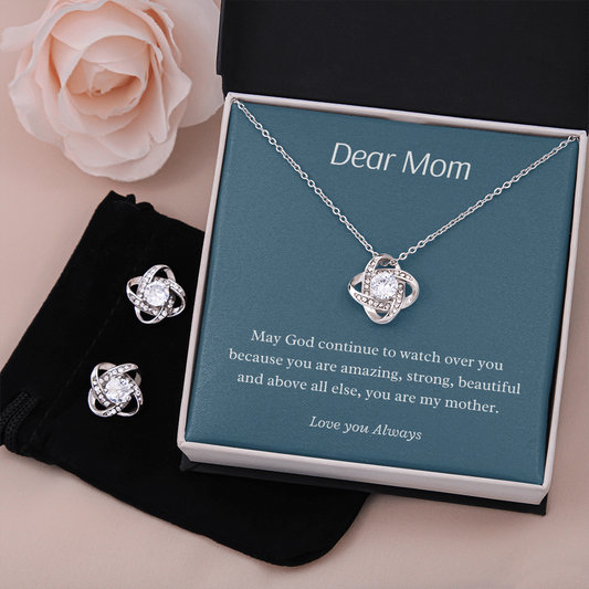 Dear Mom / God watch over from child / Love Knot Necklace and Earrings