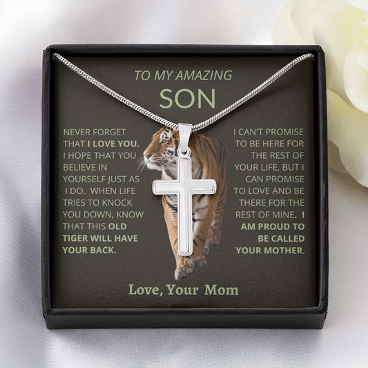 Amazing Son from Mom - Old Tiger - Stainless Steel Cross Necklace