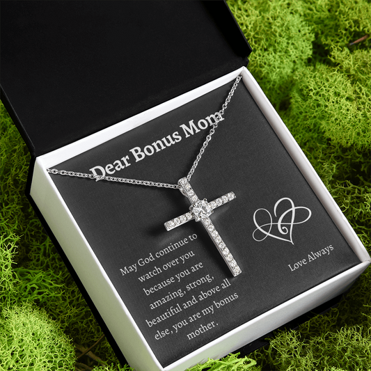 Dear Bonus Mom/Step Mom/Other Mom / God watch over from child / CZ Crystal Cross Necklace