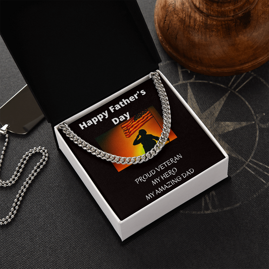 Happy Father's Day | Proud Veteran My Hero My Dad | Adj Cuban Link Chain Necklace