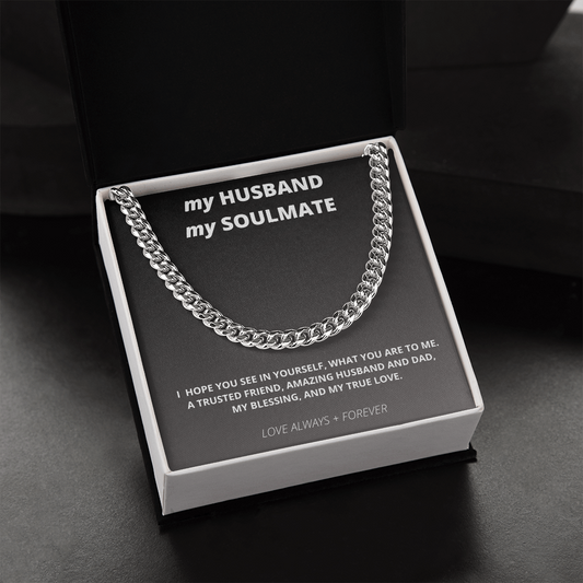 Just Nifty Gifts, necklace for him: My Hubby Soulmate Gift / My True Love / Cuban Link Chain Necklace / Necklace Gift for Him. Adjustable necklace for him, his birthday, anniversary, Father's day